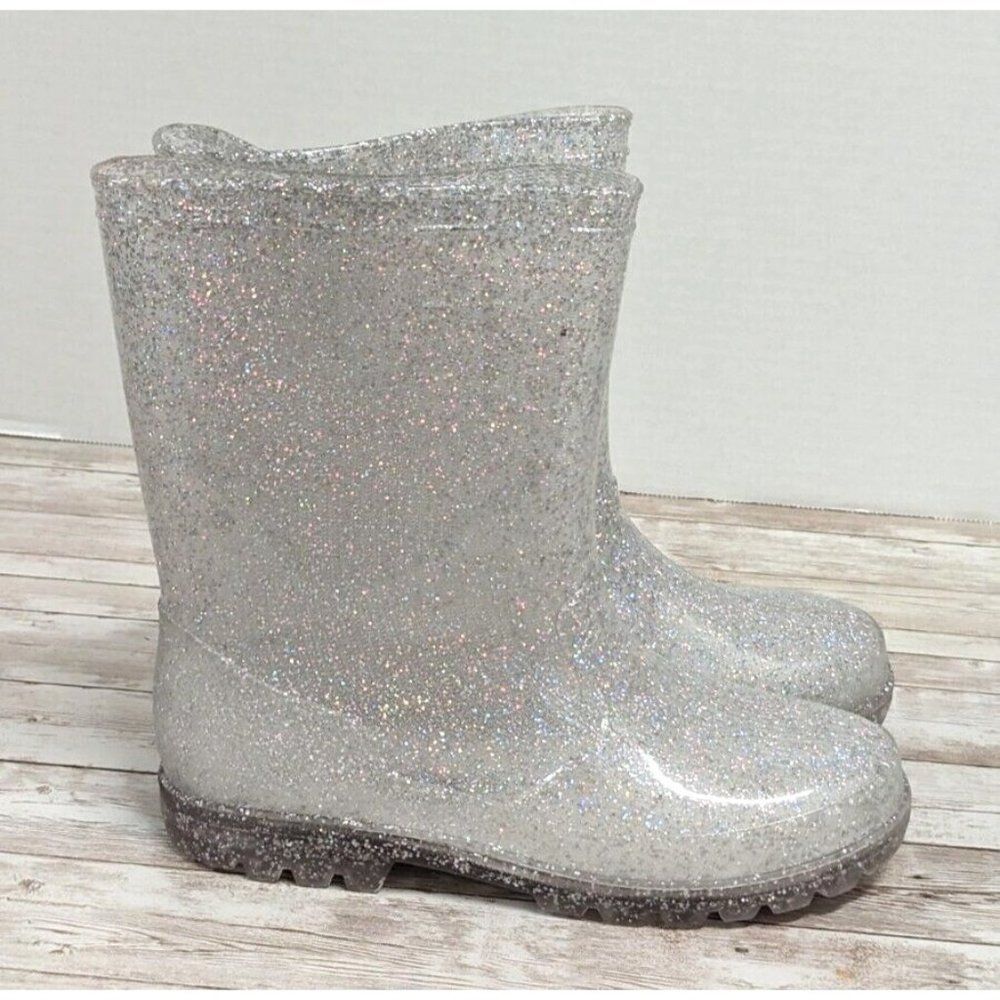Olive & Edie Girls Size 4 Gray Leather Round Toe Pull On Glitter Rain Boot